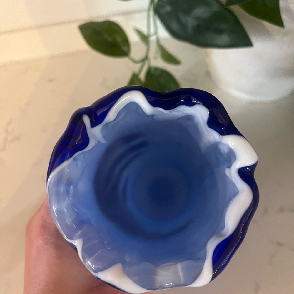 Vintage Hand Blown Glass Vase. 5.5”T Cobalt Blue | White | Ruffled Lid - Picture 2 of 5